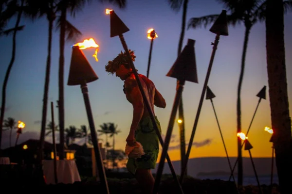 Grand Wailea Luau dinner with ocean sunset views in Maui.