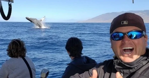 A private boat charter for whale watching in Maui, with guests observing humpback whales.