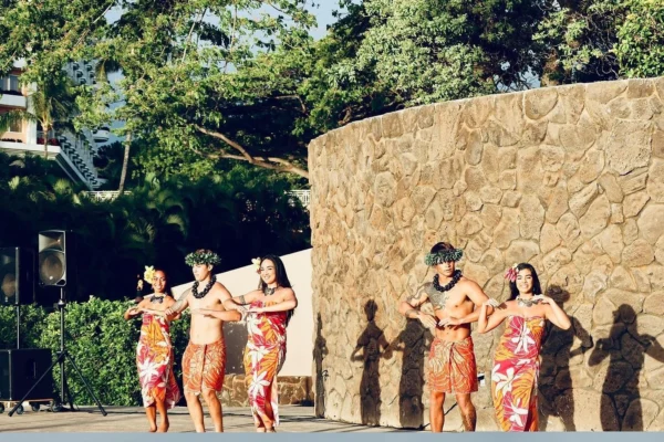 Evening luau performance at Grand Wailea with hula and fire dancers.